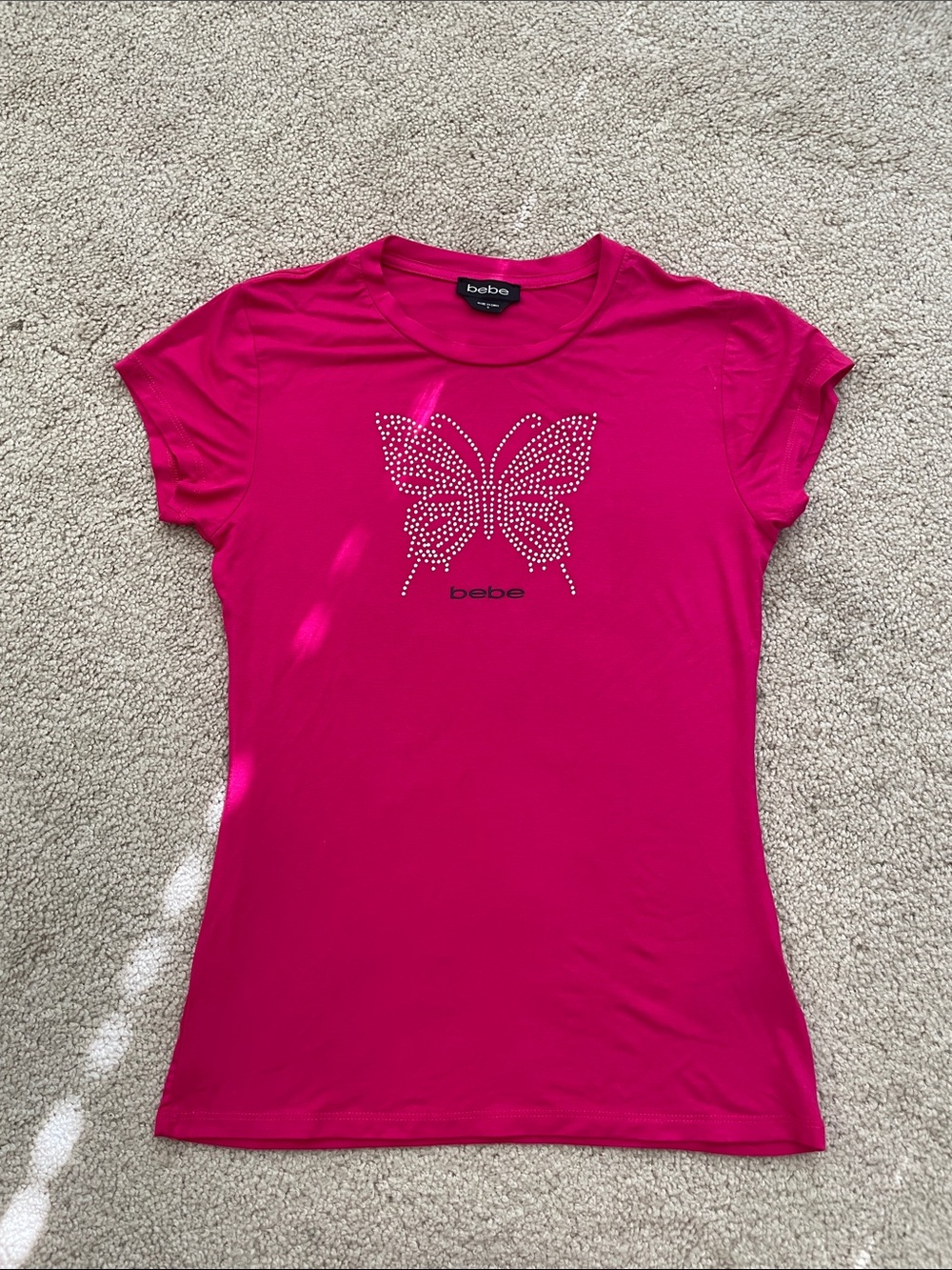 bebe Fuchsia Short Sleeve Tee with Rhinestone Butterfly